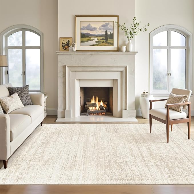 Soalmost 6x9 Area Rugs for Living Room, Washable Soft Rug Beige/Cream | Non-Slip Low Pile Natural Vintage Floral Rug Throw Carpet for Dining Room Bedroom Home Office Nursery 6'x9'