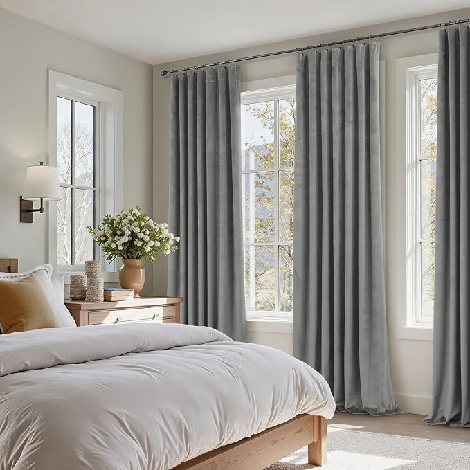 Pitalk Grey Velvet Curtains 84 Inches Long 2 Panels Luxury Blackout Curtains for Bedroom Living Room Thermal Insulated Super Soft Window Drapes Gray Rod Pocket & Back Tab W52 x L84 Inch Length