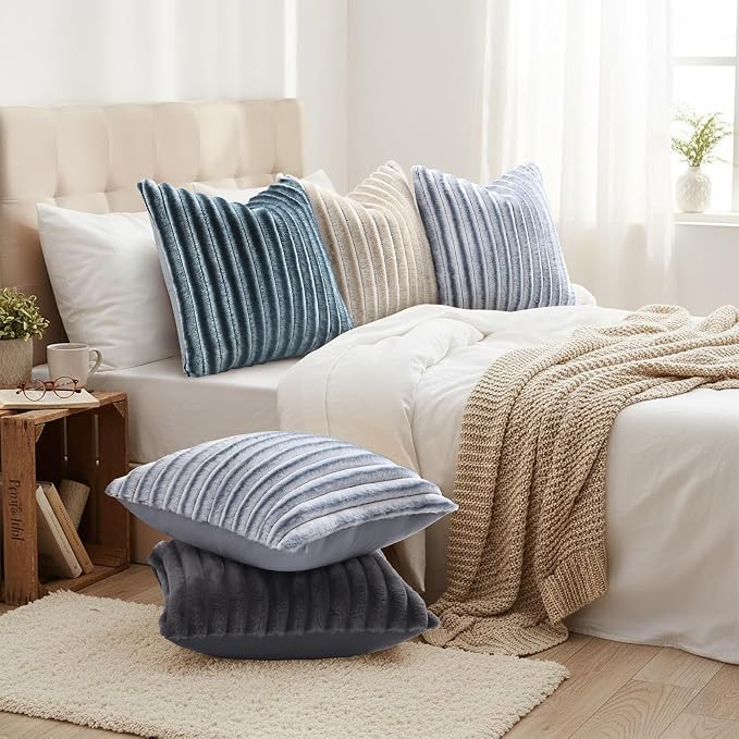 decorUhome Fall Cozy Faux Fur Throw Pillow Covers 20x20 Set of 2 Decorative Soft Plush Striped Modern Farmhouse Boho Couch Pillow Cases with Velvet Back for Sofa Bed Living Room, Grey White