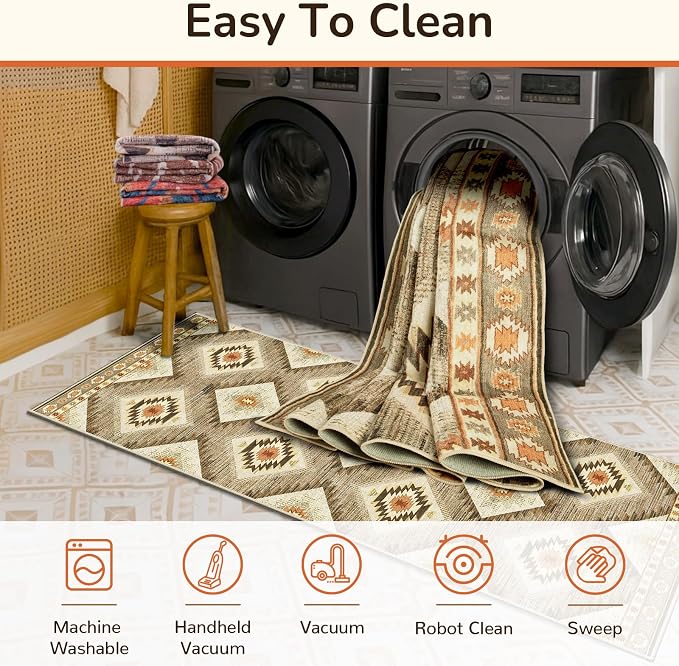 Area Rug 2x3 Rug Machine Washable Non-Slip Low Pile Print Pattern Western Rug for Living Room Bedroom Entryway Tribal Series -Cream/Camel