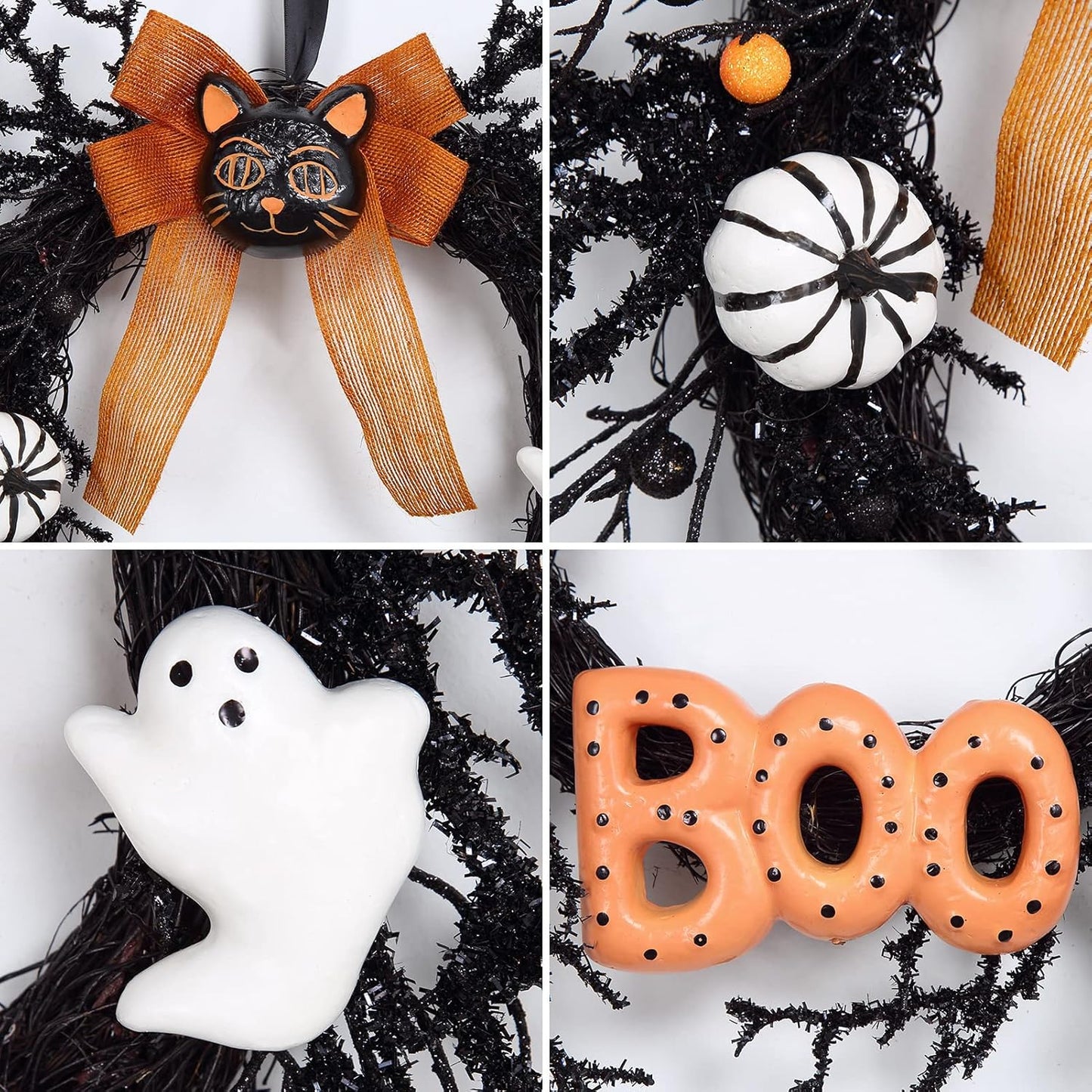 Adeeing Halloween Wreaths for Front Door, 18Inch Halloween Wreath with Black Cat Boo Sign White Pumpkin and Ghost for Indoor Outdoor Window Proch Halloween Decoration