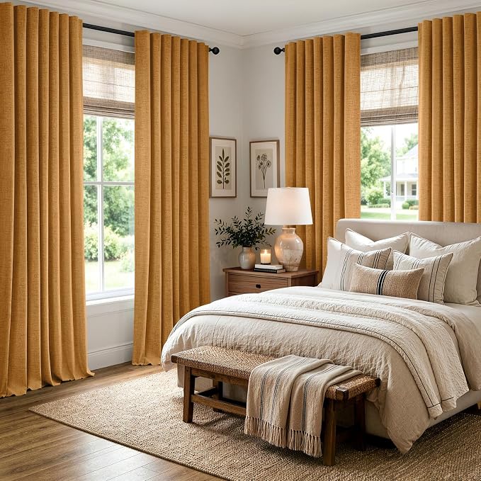 MIULEE 100% Blackout Linen Curtains for Bedroom, Mustard Yellow Solid Luxury Decor Thermal Insulation Room Darkening Drapes for Living Room Back Tab Rod Pocket 42 x 90 Inches, 2 Panels