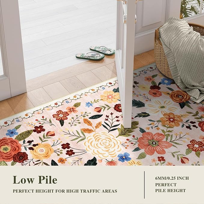 6ft Round Machine Washable Area Rug for Living Room, Beige Pink Vintage Boho Floral Rug Non-Slip Low Pile Soft Faux Wool Carpet Kids and Pets Friendly for Bedroom Nursery Farmhouse Home Decor Rug