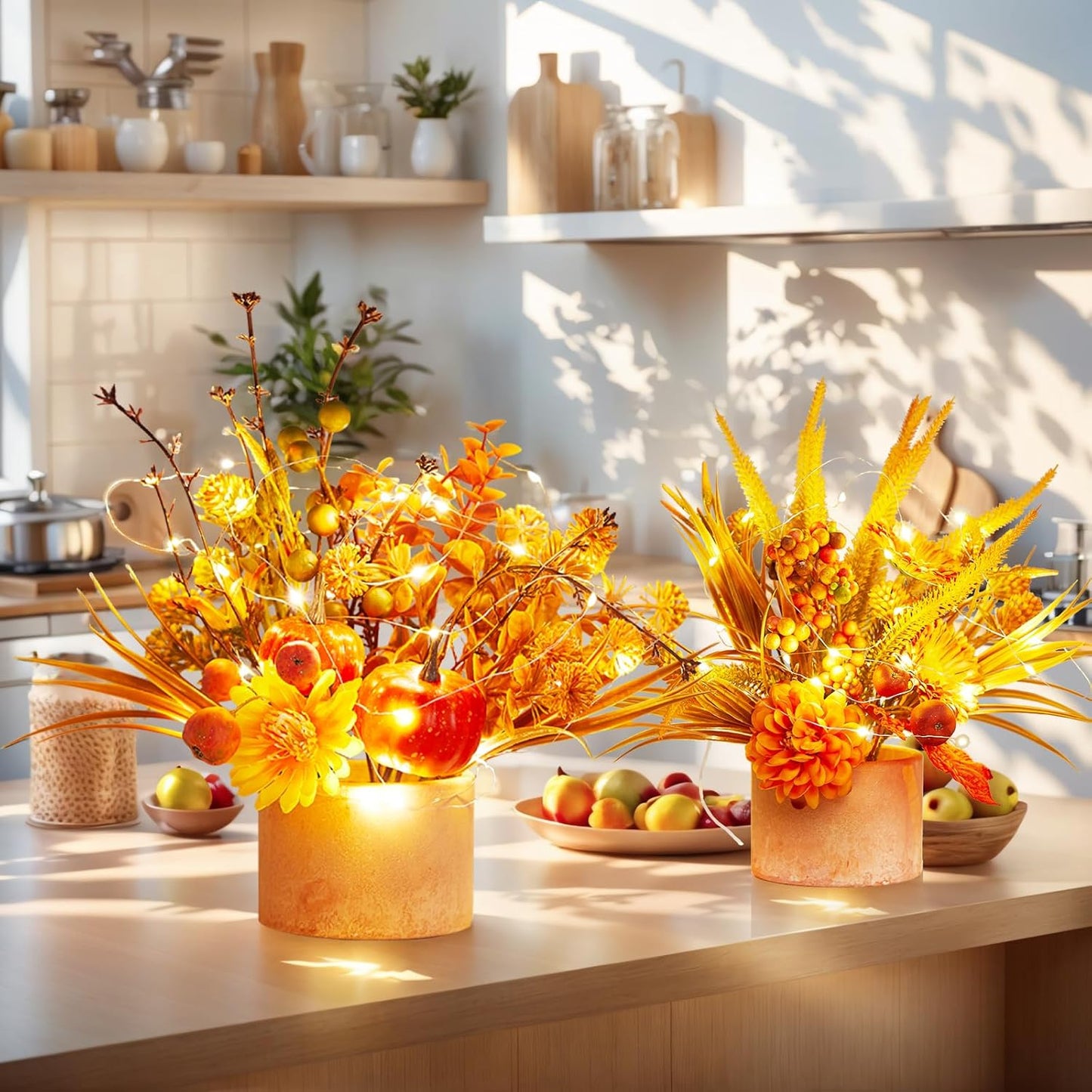 Thanksgiving Centerpiece Fall Table Flower - 2 Pack Lighted Realistic Artificial Table Plant with Western Modern Boho Rustic Aesthetic Bouquet Fall Decor Gift for Home Farmhouse