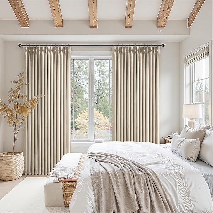 Pinch Pleated Full Blackout Linen Curtains 120 Inch for Bedroom Living Room,Fall Burlywood Double Layer Linen Blended Room Darkening Back Tab Pinch Pleat Drape with Hooks Rings 2 Panel 40"Wx84"L