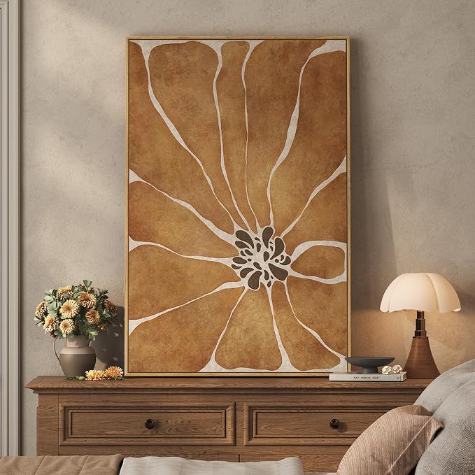 Framed Boho Abstract Neutral Floral Wall Art for Living Room, Modern Minimalist Brown Flower Print Canvas Artwork for Walls, Vertical Japandi Wabi Sabi Wall Decor for Bedroom Dining Room, 24x36 Inch