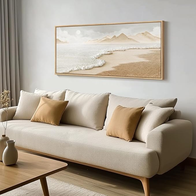 Framed Neutral Coastal Beach Wall Art for Living Room, Large Boho Ocean Canvas Artworks for Walls, Horizontal Abstract Minimalist Coastal Art Print for Bedroom Kitchen Office Wall Decor, 24x48 Inch