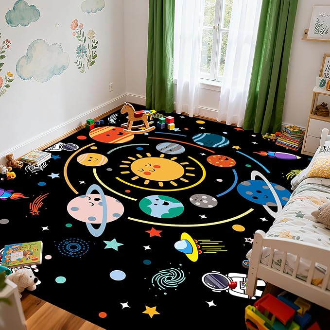 Solar System Rug-Machine Washable 6x9 Feet Space Rug for Boys Room Space Carpet for Kids Bedroom Outer Space Decor for Kids Room Planet Themed Bedroom Decor