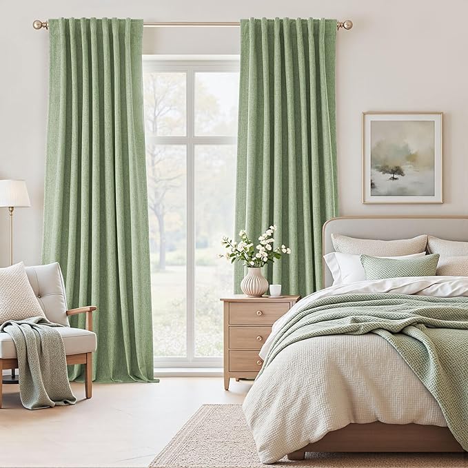 UHITECH Linen Blackout Curtains for Bedroom 63 Inches Long 2 Panels Set Curtain Linen 100% Blackout for Living Room Darkening Drapes Thermal (Sage Green, 52W x 63L)