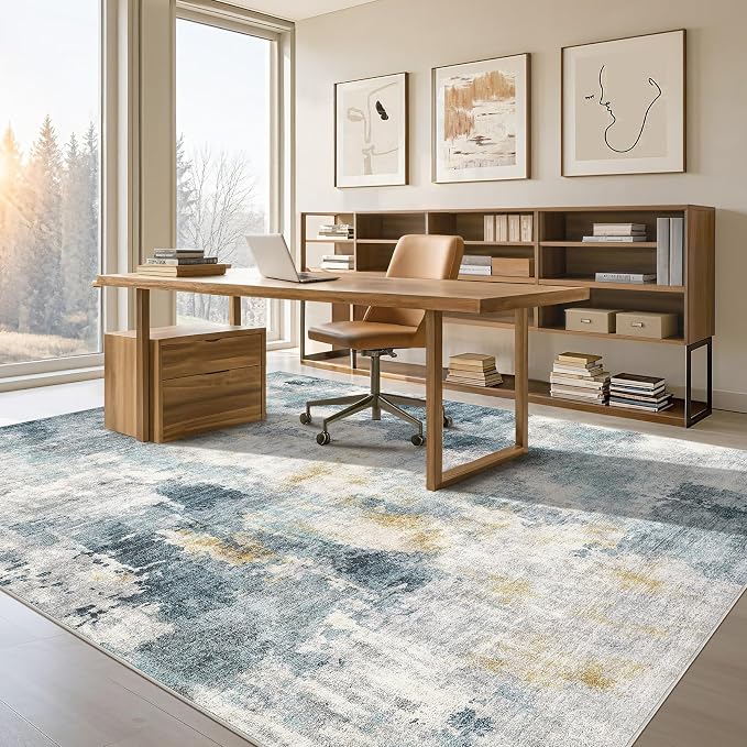 Tortania Washable 6x9 Area Rug for Living Room: Modern Abstract Neutral Large Soft Thin Rugs - Non Slip Indoor Carpet for Bedroom Dining Room Office Nursery Home Floor Decoration - Blue