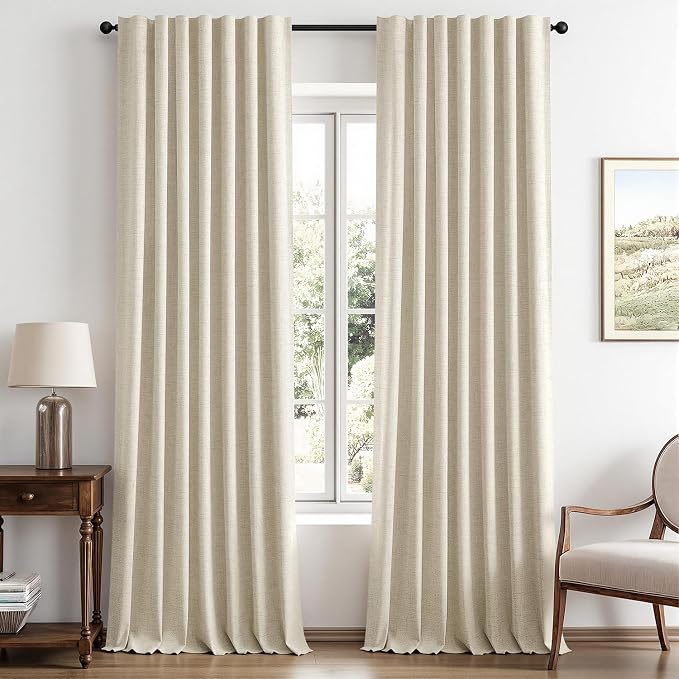 MIULEE 100% Blackout Linen Curtains for Bedroom, Cream Solid Luxury Decor Thermal Insulation Room Darkening Drapes for Living Room Back Tab Rod Pocket 42 x 96 Inches, 2 Panels