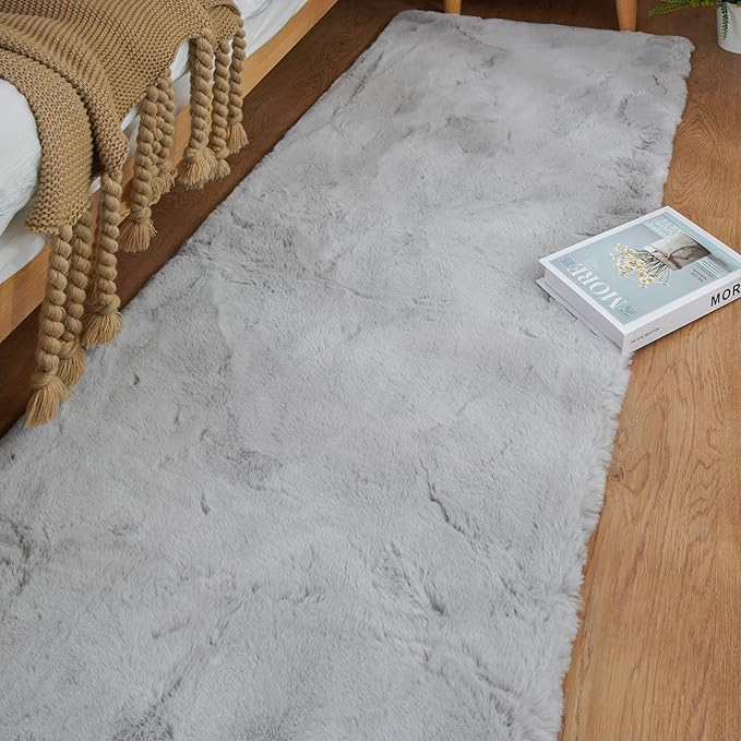 ORINOVA Grey Fluffy Faux Rabbit Washable Furry Fur Area Rugs for Bedroom Large Fuzzy Rug for Living Room Nursery Runner Rugs for Hallway 2x8 Rectangle Rug