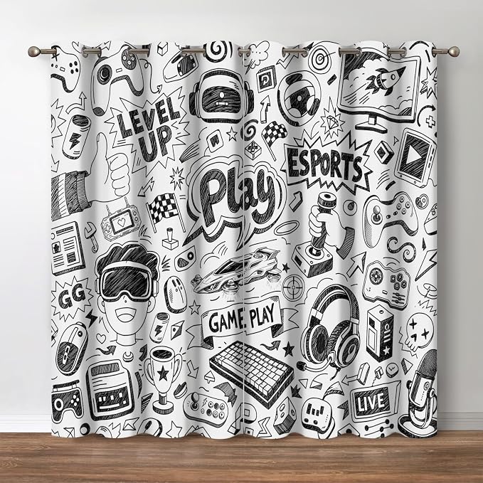 Jekeno Video Games Blackout Curtains - Blocking Window Drapes Sketch Art Computer Gamepad Sports Rocket Teen 90's Decor Home Bedroom Living Room Grommet Window Drapes 2 Panel Set, 42" x 63"