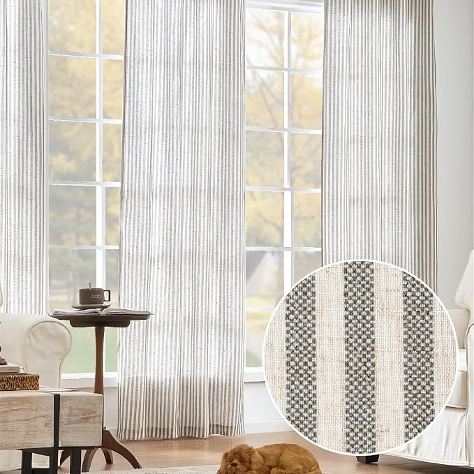 jinchan Linen Curtains 63" Charcoal Grey Stripe on Beige Back Tab 2 Panels | Curtains For Living Room Bedroom,Ticking Stripe, Farmhouse Cottage Core Rustic,Rod Pocket Window Treatment,Light Filtering