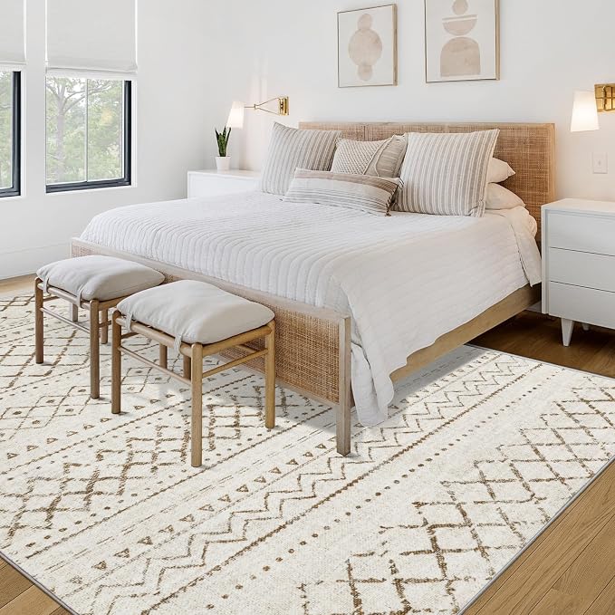 Area Rug 3x5 Geometric Rug: Washable Boho Moroccan Rugs Soft Farmhouse Rug, Modern Neutral Stain Resistant Indoor Floor Carpet for Livingroom Bedroom Dining Table Nursery(Brown,3X5)