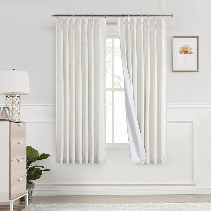 Pinch Pleated Blackout Curtain Panels with Full Blackout Liner Linen Blend Thermal Insulated Window Treatment Sets with Back Tab for Living Room Bedroom Drape with 9 Hooks, 40"x72"x2, Natural
