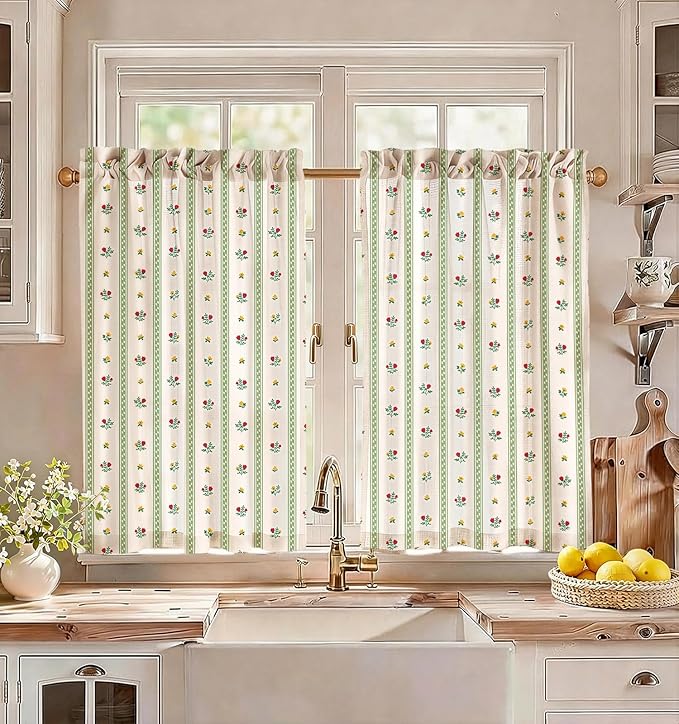 Miss Adola Farmhouse Kitchen Tier Curtains - 36 Inch Length Linen Blend Floral Cafe Curtains Green Stripe Small Window Treatment Over Sink Rod Pocket for Bathroom Living Room Light Filtering, 2 Panels