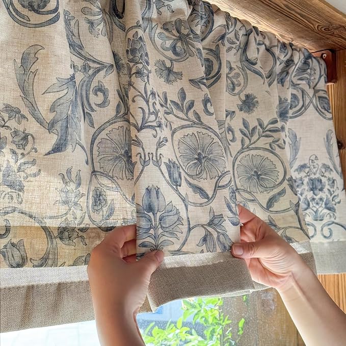 jinchan Linen Valance Kitchen Curtain Pack of 2 Double Layer 16 Inch for Living Room Bedroom Window Treatment Light Filtering Vintage Farmhouse Cottagecore Rod Pocket 2 Panels Blue on Beige