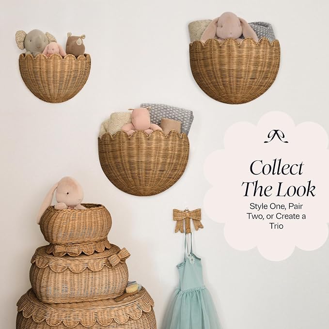 BEBE BASK The Original Scalloped Wicker Wall Basket – Set of 2 – Handwoven Scalloped Wall Baskets (16 x 10 x 7 in), Woven Rattan Wall Hanging Baskets - Mocca Scalloped Basket