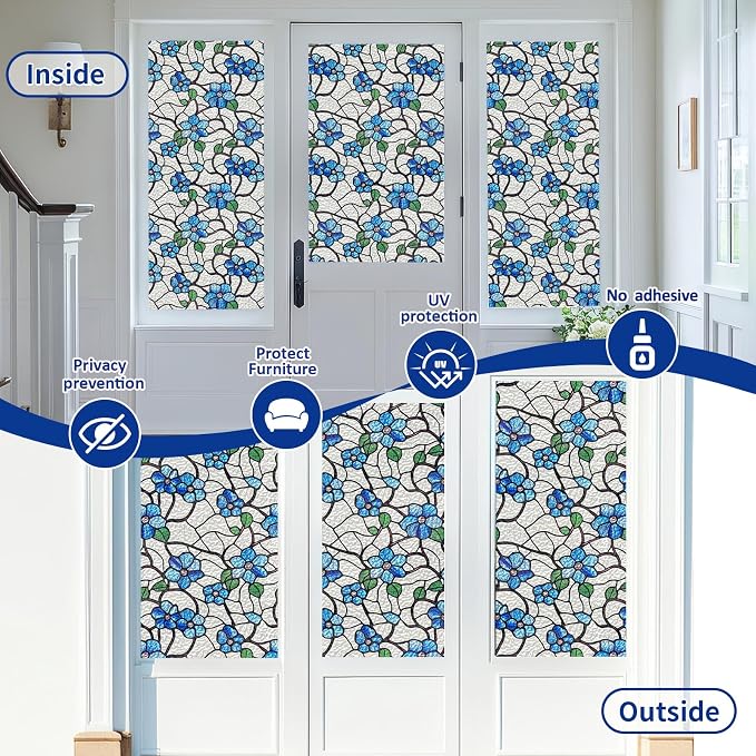 QHY Sunshine Privacy Window Film with Installation Tool Decorative Stained Glass Window Stickers Reusable Window Film (Indigo Waviness, 23.6 x 78.7)