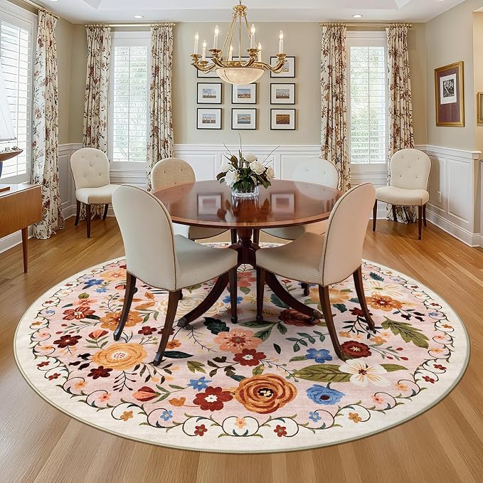 6ft Round Machine Washable Area Rug for Living Room, Beige Pink Vintage Boho Floral Rug Non-Slip Low Pile Soft Faux Wool Carpet Kids and Pets Friendly for Bedroom Nursery Farmhouse Home Decor Rug