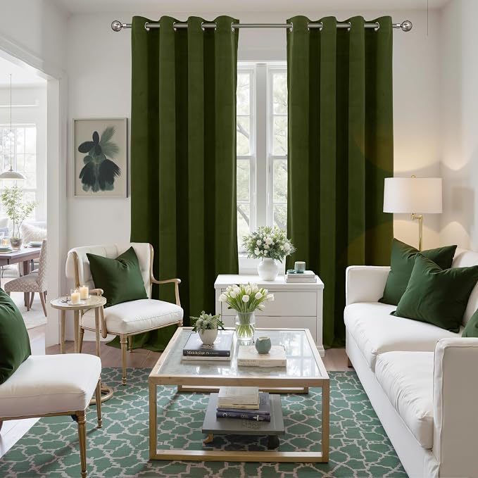 YoungsTex 96 Inches Long Olive Green Velvet Curtains 2 Panels, Grommet Blackout Drapes Room Darkening for Bedroom Living Room Privacy Protection, 52 X 96 Inch