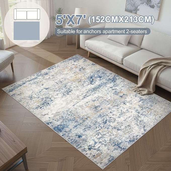 DMOYEST Area Rug Living Room Rugs - 5x7 Abstract Large Soft Indoor Washable Rug Neutral Modern Low Pile Carpet for Bedroom Dining Room Farmhouse Home Office - Blue