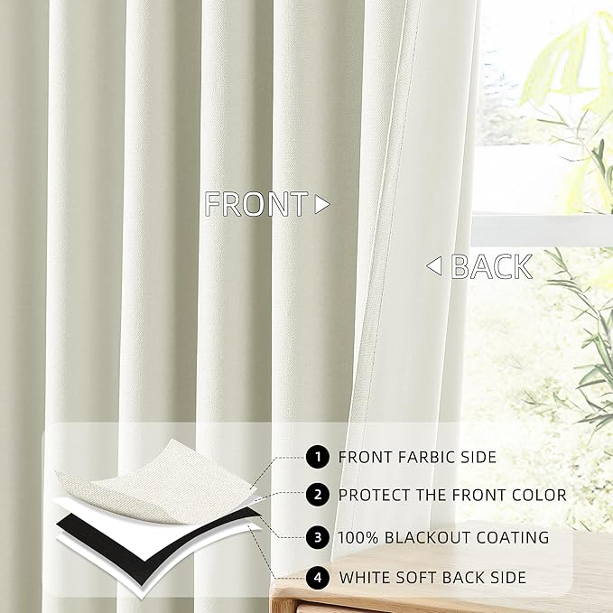ChrisDowa Ivory Pinch Pleated Blackout Linen Curtains 72 inches Long 2 Panels for Living Room Bedroom Farmhouse Room darking Thermal Insulated Back Tab Hooks Rings Window Treatment Drapes,40x72