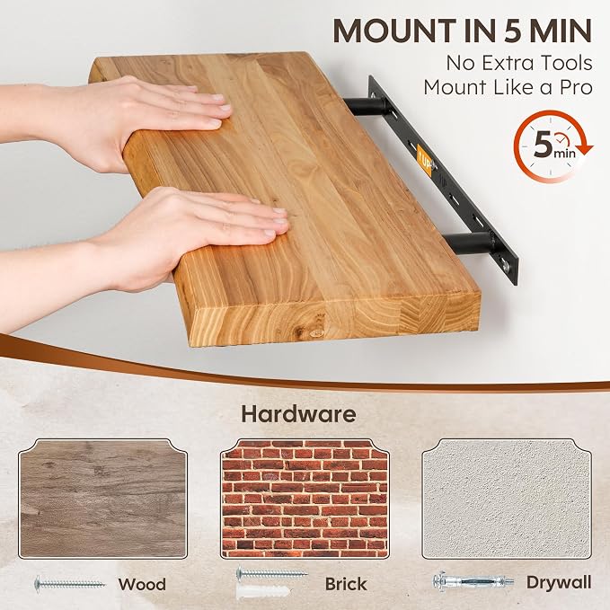 Floating Shelves Set of 2, Solid Elm Wood Wall Shelves 36 Inch - Invisible Bracket Mount for Living Room, Bedroom, Kitchen, Bathroom - Natural