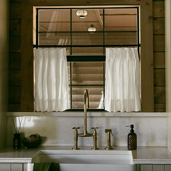 TWOPAGES 26" W x 30" L Linen Blend Cafe Curtains for Kitchen Window, Light Filtering Pinch Pleated Tier Curtains, Modern Farmhouse Half Window Curtains for Small Window, Ivory White, 2 Panels