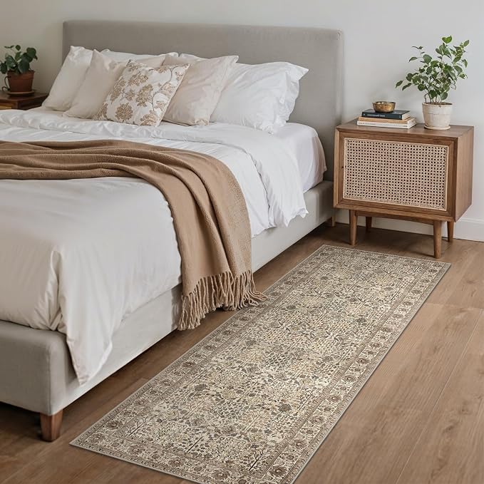 Bavni 2x10 Rug Runners for Hallways, Washable Runner Rug Non Slip,Vintage Floral Print Style Rugs for Bedroom-Lightweight Low Pile Carpet for Hallways Bathroom, Dark Espresso