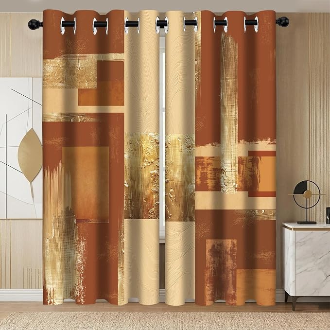 Boho Brown Gold Abstract Blackout Curtains, Modern Oil Aesthetic Neutral Contemporary Beige Darkening Thermal Insulated Grommet Light Blocking Drape Decor, 52 x 84 Inch Long 2 Panels