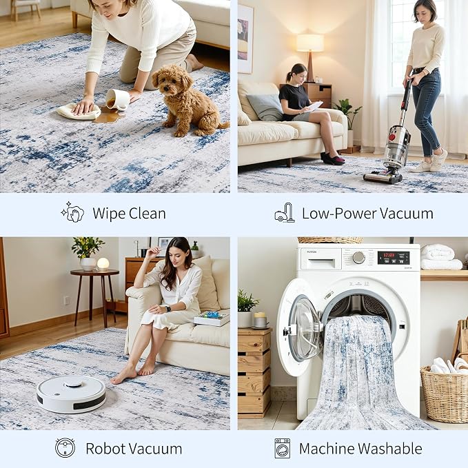 Area Rugs 10x14 Living Room: Large Soft Washable Rug Modern Abstract Anti-Skid Non-Shedding Carpet Indoor Floor Thin Carpets for Bedroom Dining Room Farmhouse Nursery Home Office White Gray Blue