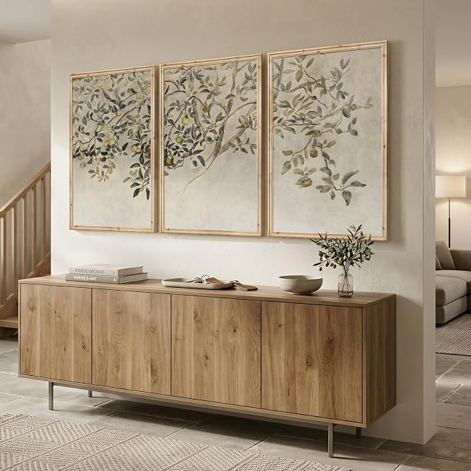 Large Vintage Framed Tree Wall Art for Living Room, 3 Piece Neutral Rustic Botanical Canvas Prints Artwork for Walls, Modern Farmhouse Leaf Pictures for Bedroom Dining Room Office Wall Decor, 24x36 In