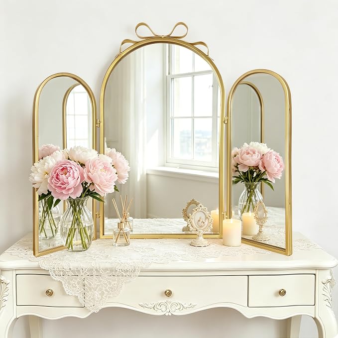 BAODANFU Trifold Vanity Mirrors Bow Top, Gold 3-Way Makeup Mirrors Over Bathroom Sink, Adjustable Arched Decorative Mirror for Entryway, Bedroom, Dressing Room, Tabletop & Wall Mounted, Braiding Hair