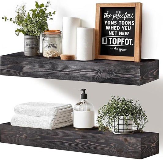 24x3x7 inch Floating Shelves Wall Mounted - Set of 2 Black Rustic Solid Wood Wall Shelf - Heavy Duty Decorative Fireplace Mantel for Living Room, Bedroom, Bathroom, Kitchen