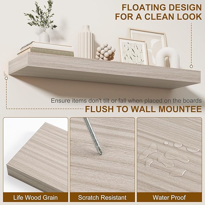 Fun Memories Floating Shelves for Wall, 20 Inch Floating Shelves Set of 2, Hanging Shelf with Invisible Brackets, Wood Shelves for Living Room, Bedroom, Kitchen, Grey