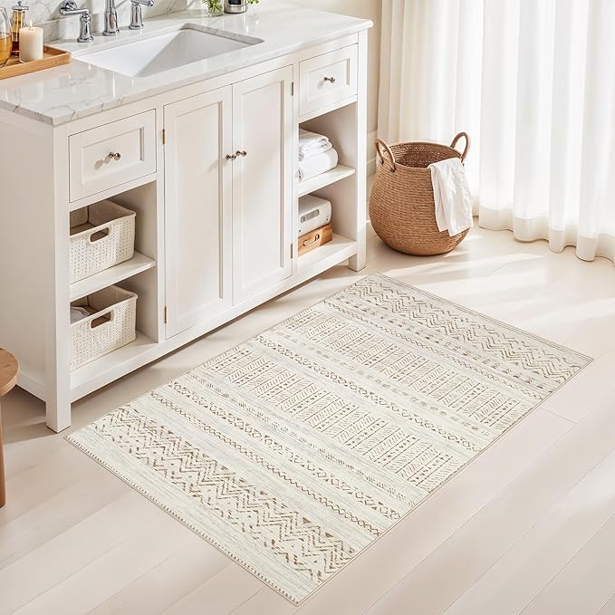 cotiled 3x5 Area Rugs Living Room Rug: Washable Boho Rugs with Non Slip Backing Small Soft Indoor Stain Resistant Carpet for Bedroom Farmhouse Dining Room Lightweight Home Decor Brown/Cream