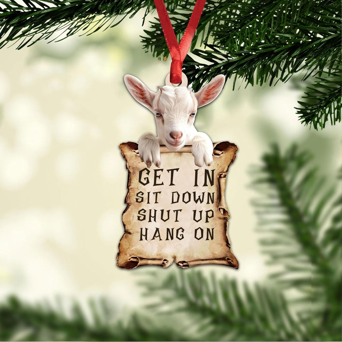 Talataca Goat Get in Sit Down Shut Up Hang On Funny Animal 2D Flat Car Rear View Mirror Accessories Christmas Tree Ornament Decoration Hanging Charm Interior Rearview Pendant Decor Gift