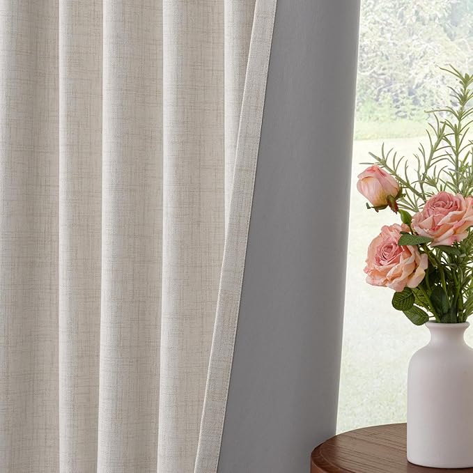 INOVADAY 100% Blackout Curtains for Sliding Glass Doors, 102 Inch Extra Wide Sliding Door Curtains, Clip Rings Linen Drapes, Thermal Insulated Room Darkening for Living Room, 1 Panel - Beige, W102xL84