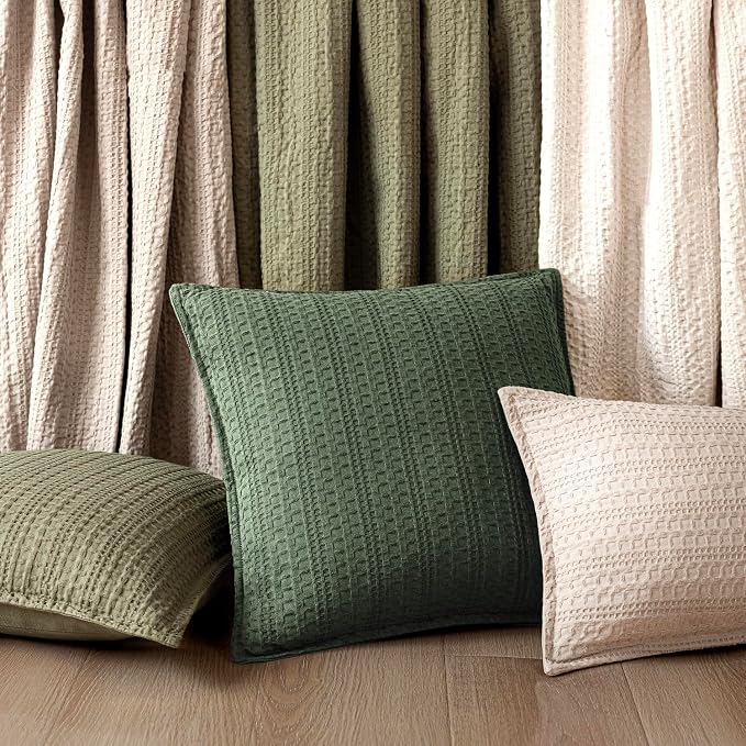 Foindtower Set of 2 Decorative Cotton Waffle Weave Throw Pillow Covers Euro Shams Cushion Covers Accent European Pillowcase for Bed Couch Sofa Bedroom Living Room Home Decor 18×18 Inch Dark Green