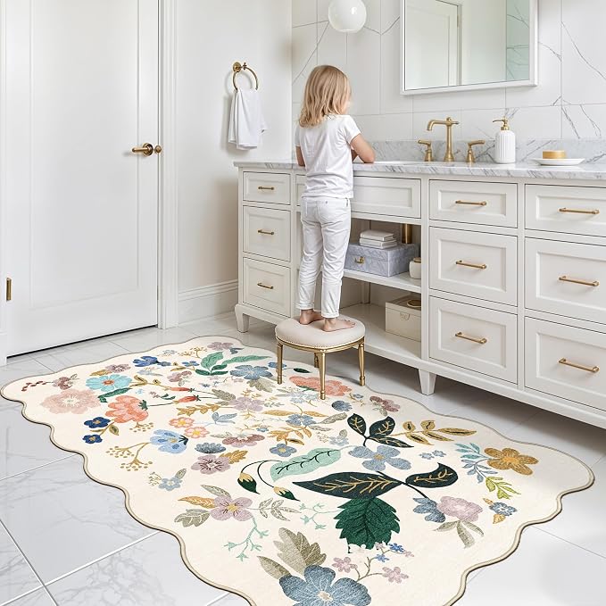 Washable 3x5 Entryway Area Rugs: Ultra Soft Floral Carpet for Kitchen Nursery Indoor Light-Weight Doormat Anti-Slip Elegance Rug for Living Room Bedroom Small Foldable Vintage Floor Mat(3x5,Cream)