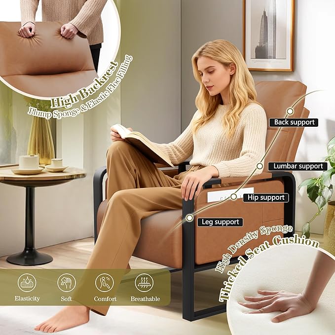 Brown PU Leather Accent Chairs Set of 2 with Side Table Modern Upholstered Armchair Leisure Side Chairs for Living Room Bedroom Office