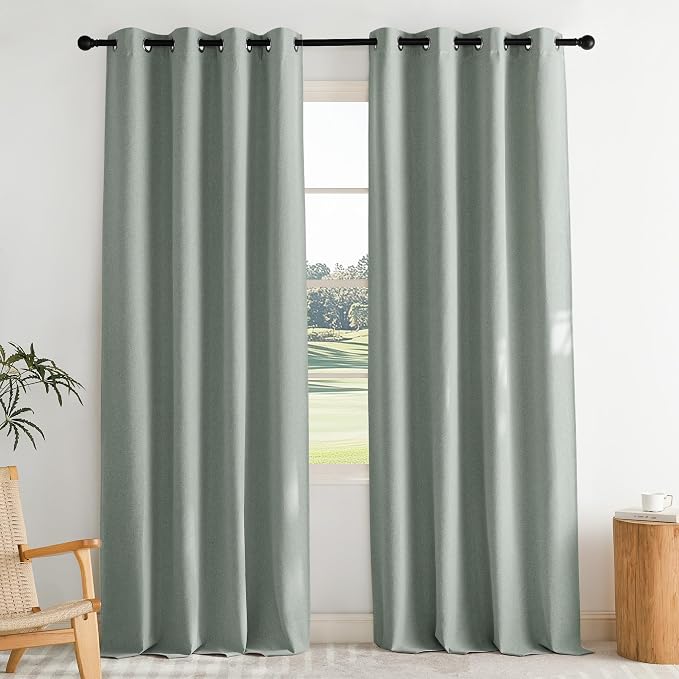 NICETOWN 100% Blackout Curtains 90 inches Length for Living Room, W52 x L90, 2 Panels, Crisp Structured Faux Linen Farmhouse Style Thermal Insulated Window Draperies for Dining Room, Sage Green