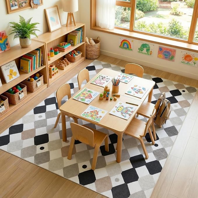 jinchan Macy 6x9 Kids Area Rug for Classroom Black and White Modern Nursery Rug Colorful Checkered Diamond Play Mat Washable Soft Non Slip Carpet for Playroom Bedroom Daycare Marble on Cream