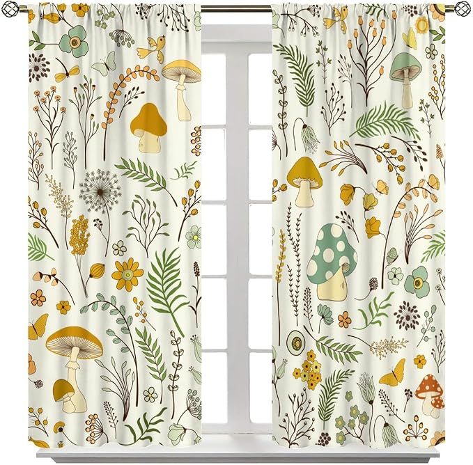 Wild Mushroom Curtains, Vintage Botanical Rustic Retro Wildflower Herbs Plants Green Mushroom Blackout Window Treatments for Living Room Kitchen Bedroom 52x84in