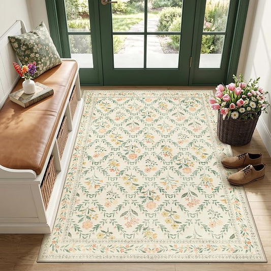 Area Rug Living Room Rugs: Floral 3x5 Washable Rug Vintage Soft Boho Non-Slip Carpet Indoor Floor Stain Resistant Large Carpets for Bedroom Dining Room Farmhouse Nursery Hallway Beige/Multi