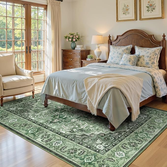 Lofus 5x7 Washable Rugs Non-Slip, Vintage Floral Area Rug for Living Room Bedroom Dining Room Kitchen, Low Pile Distress Print Medallion Carpet Home Decor Rug, Floral Sage Green
