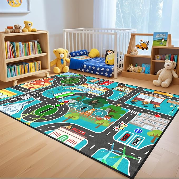 Car Rug Play Mat - Road Rug for Boys Room, Fun Race Track Car Car Carpet for Room Decor Road Carpet for Boys Playmat Bedroom Playroom Educational Learn Play Mat, 5x7 Feet