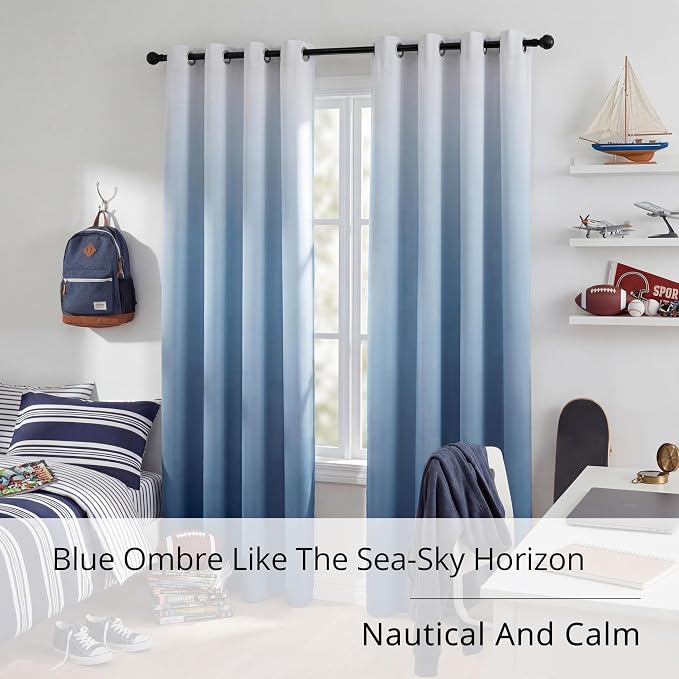 Coastal Gradient Blackout Curtains for Boys Bedroom - 100% Blackout Ocean Theme Thermal Insulated Noise Reducing, Room Darkening Curtain for Kids Room Nursery, 2 Panels, Each W52×L84